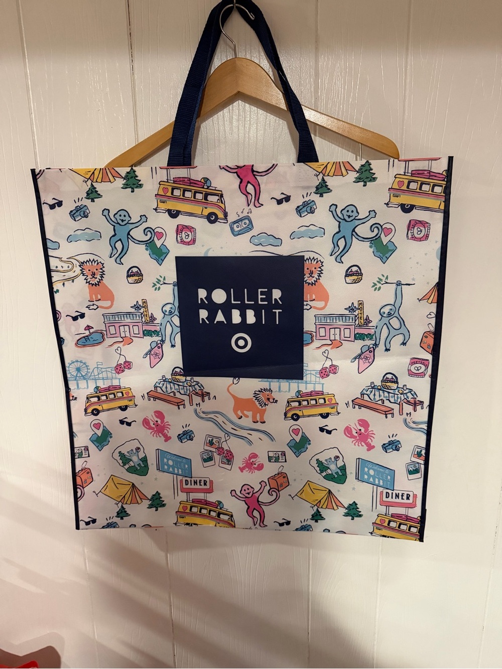 Roller Rabbit reusable Tote Bag - White with Blue, Pink and Yellow Print